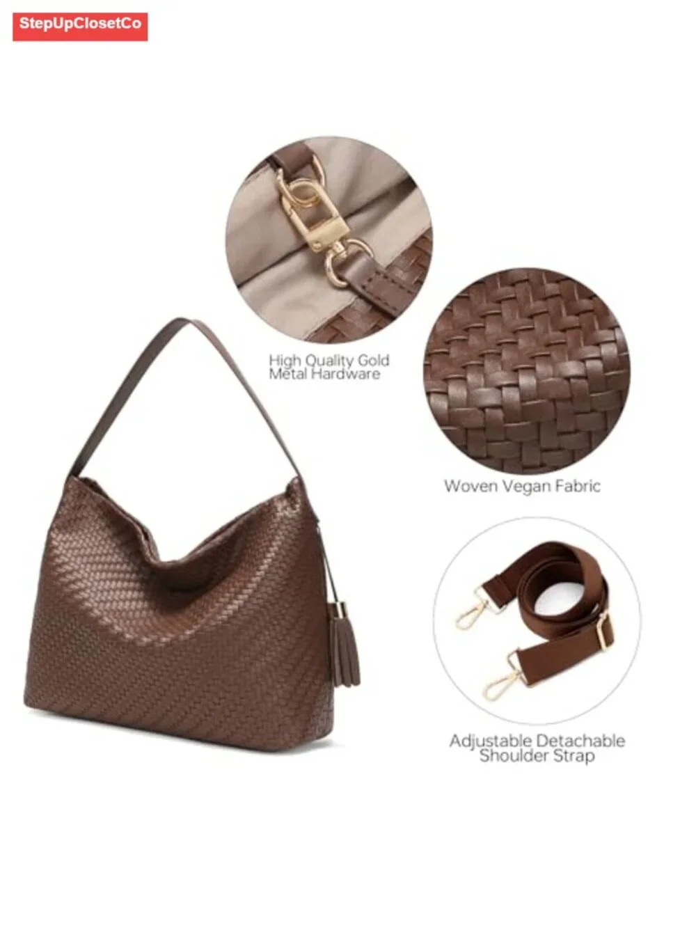 Handwoven Faux Leather Hobo Tote Bag with Tassel, Adjustable Straps, Large
